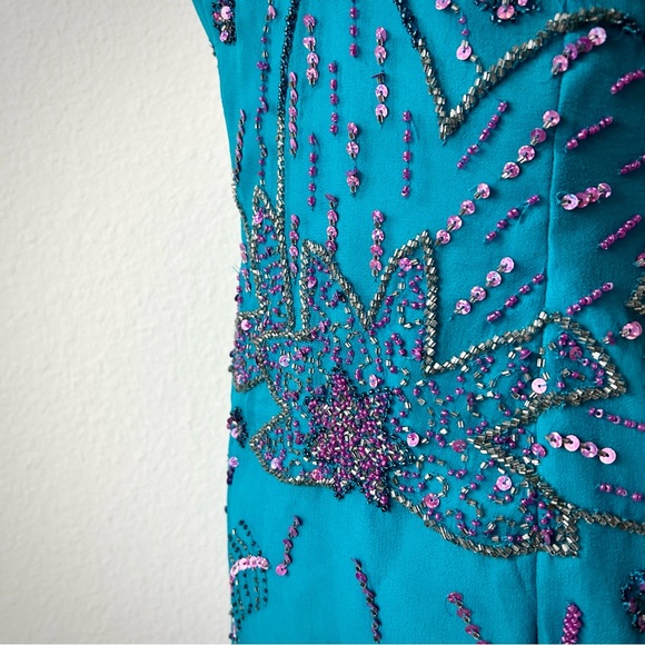 Y2K METRO SECTION 100% SILK HAND BEADED TEAL COCKTAIL DRESS - Picture 6 of 8